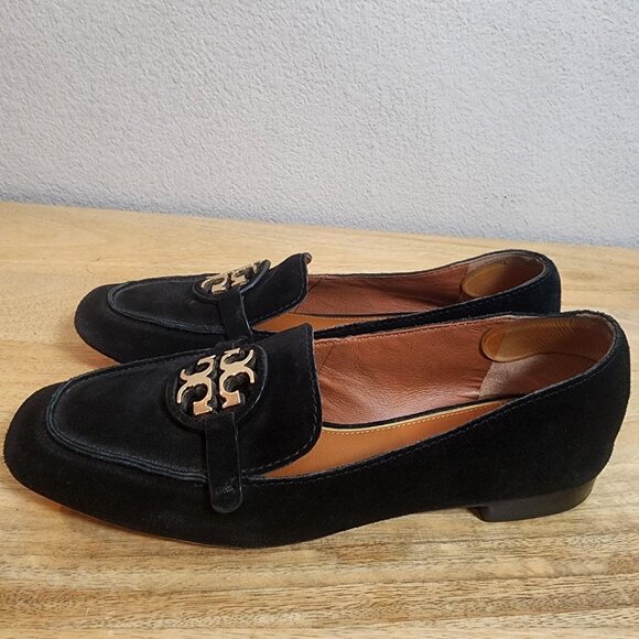 Tory Burch Shoes Womens Size 7 Black Suede Logo Loafer Flats Leather - Picture 5 of 13